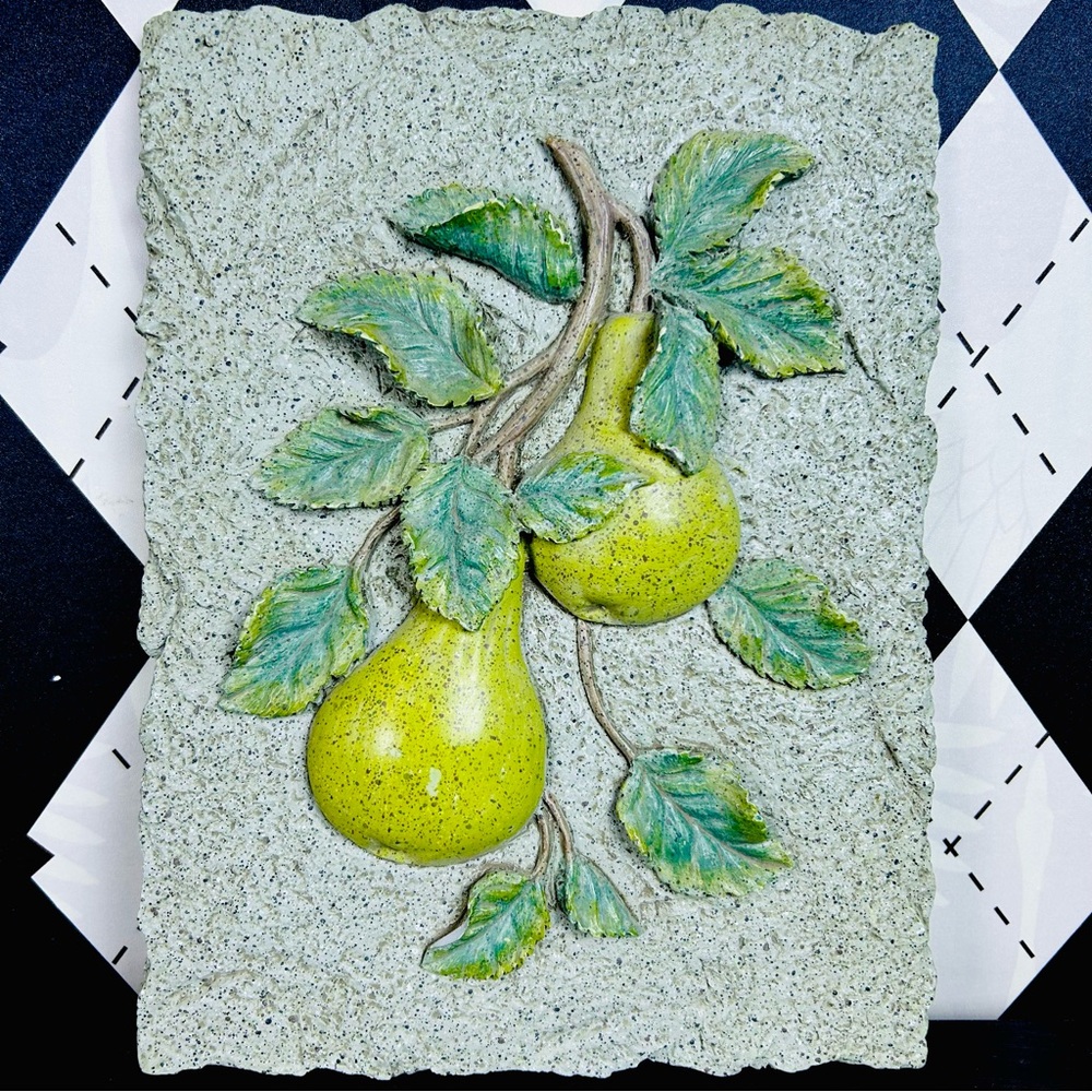 Vintage‎ Cast Stone Pear Relief Wall Plaque, Italianate Botanical 11x8 inch
